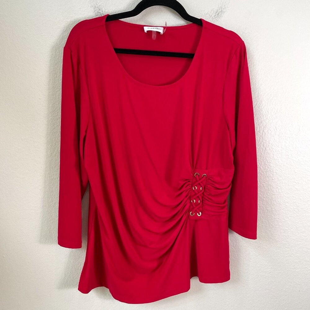 Calvin Klein Womans XL Side Ruched Blouse Shirt 3/4 Sleeve Stretch Top